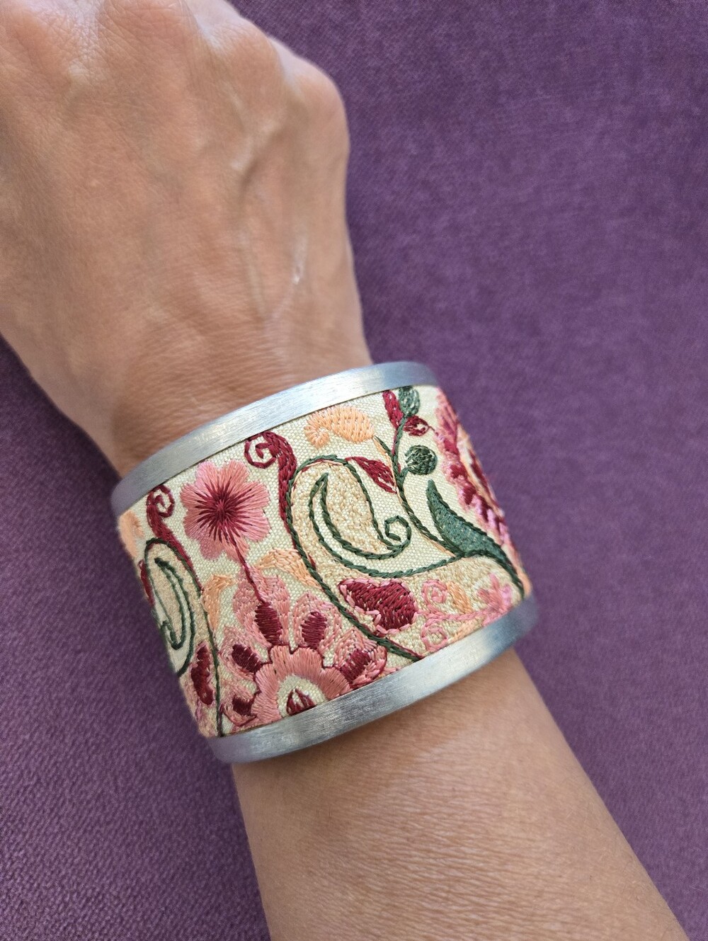 Embroidered Boho Floral Cuff Bracelet, Semi-Adjustable